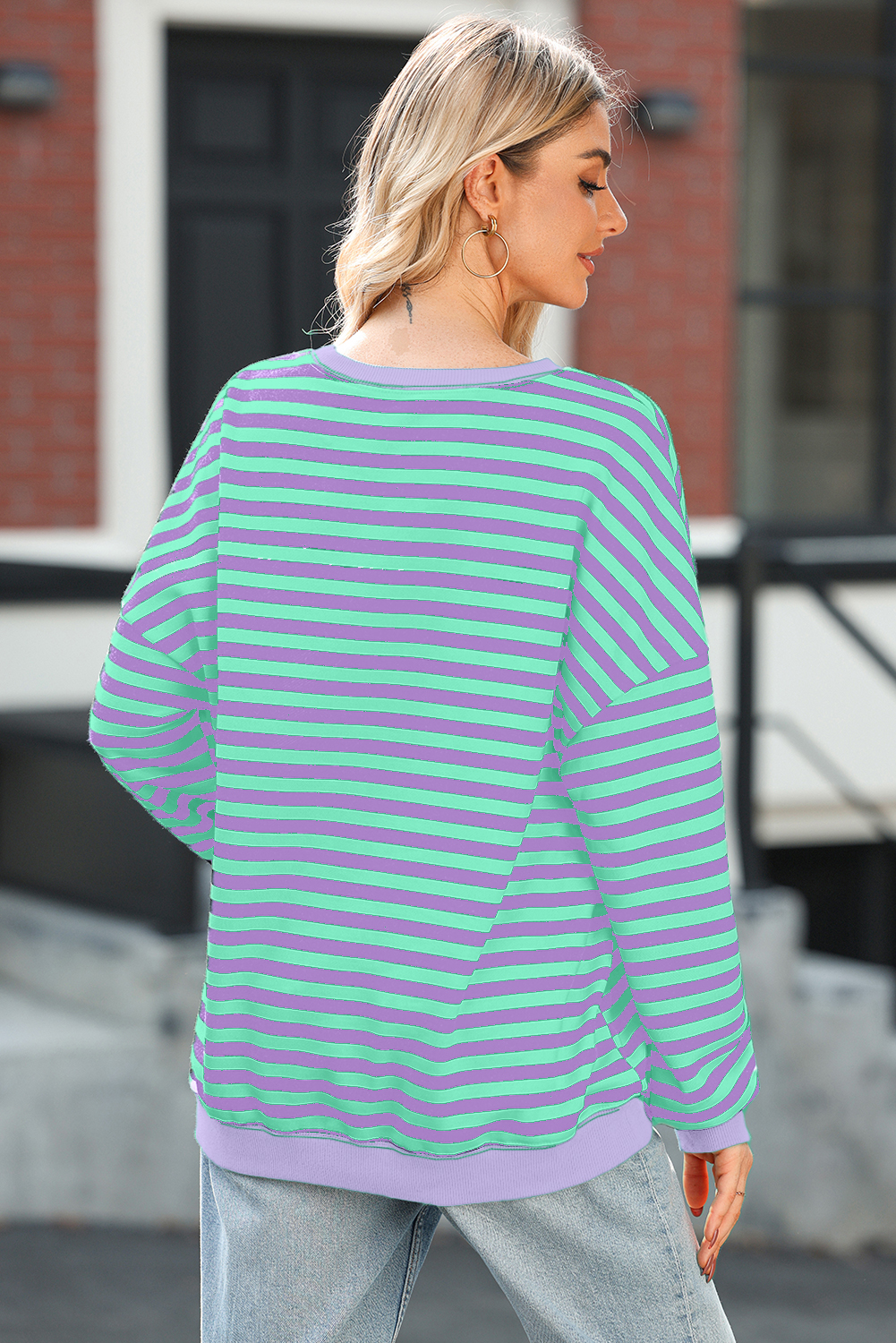 Red Stripe Contrast Ribbed Trim Crossed Stitch Drop Shoulder Sweatshirt - loveforevers