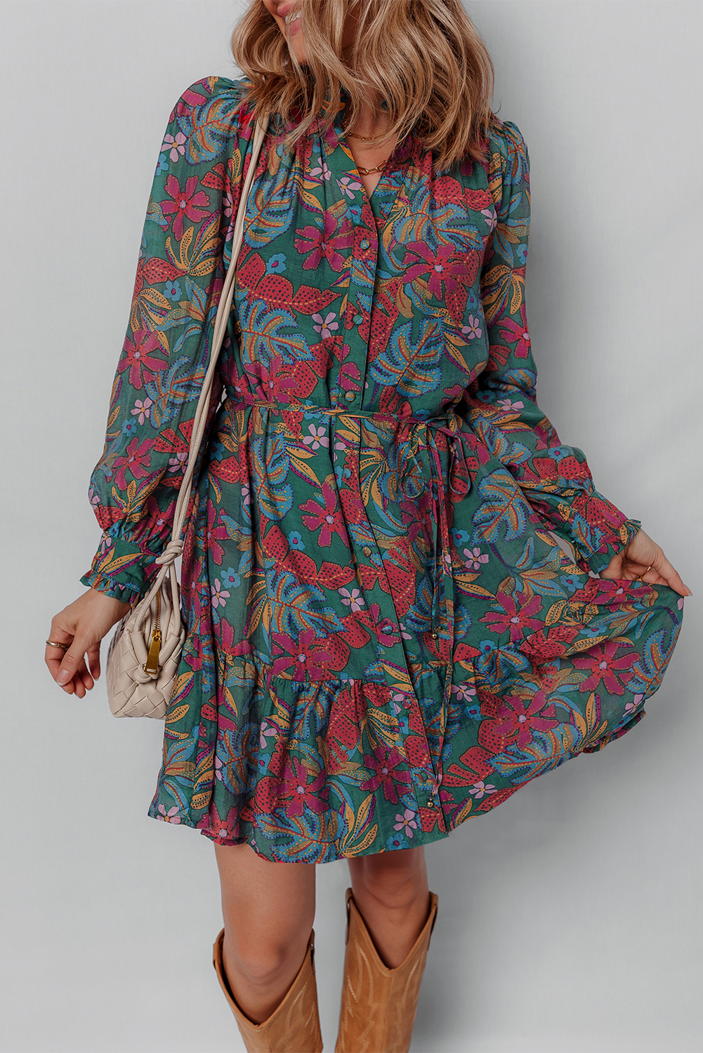 Green Floral Friled V Neck Puff Sleeve Ruffled Shirt Dress - loveforevers