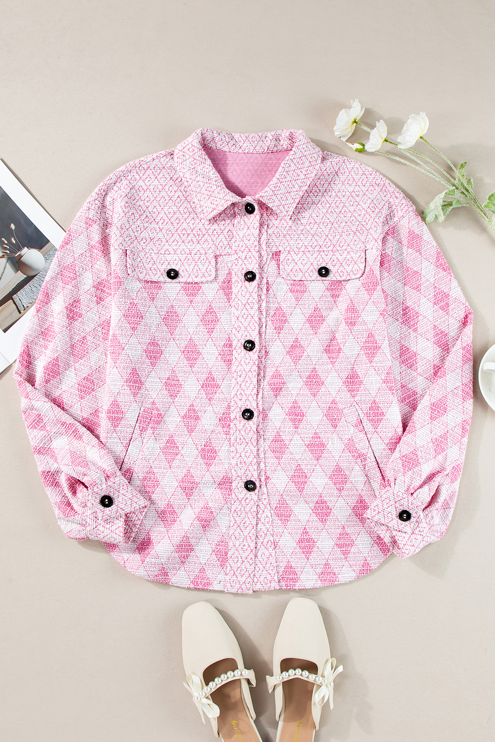 Delicacy Geometric Print Textured Flap Detail Shacket with Pocket - loveforevers