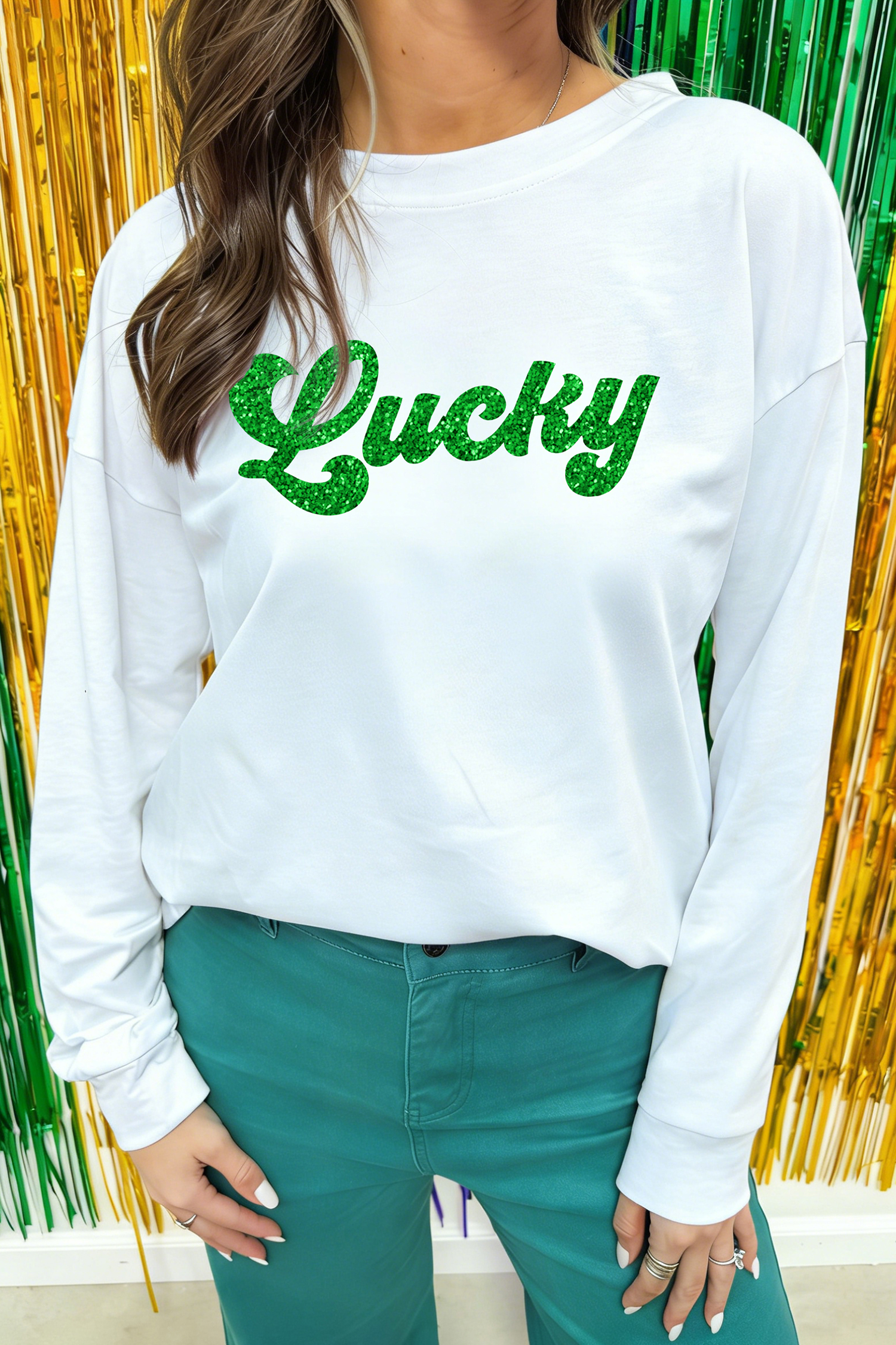 White LUCKY Clover Embroidered Long Sleeve Top - loveforevers