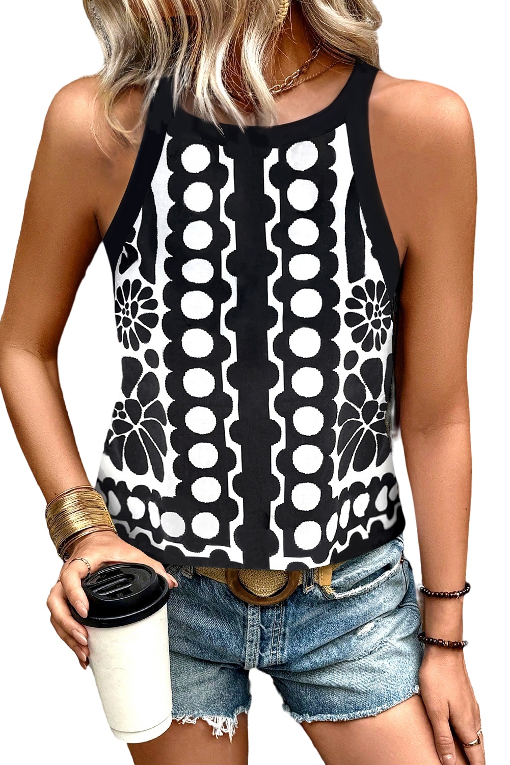 Black Abstract Dot Flower Print Tank Top - loveforevers