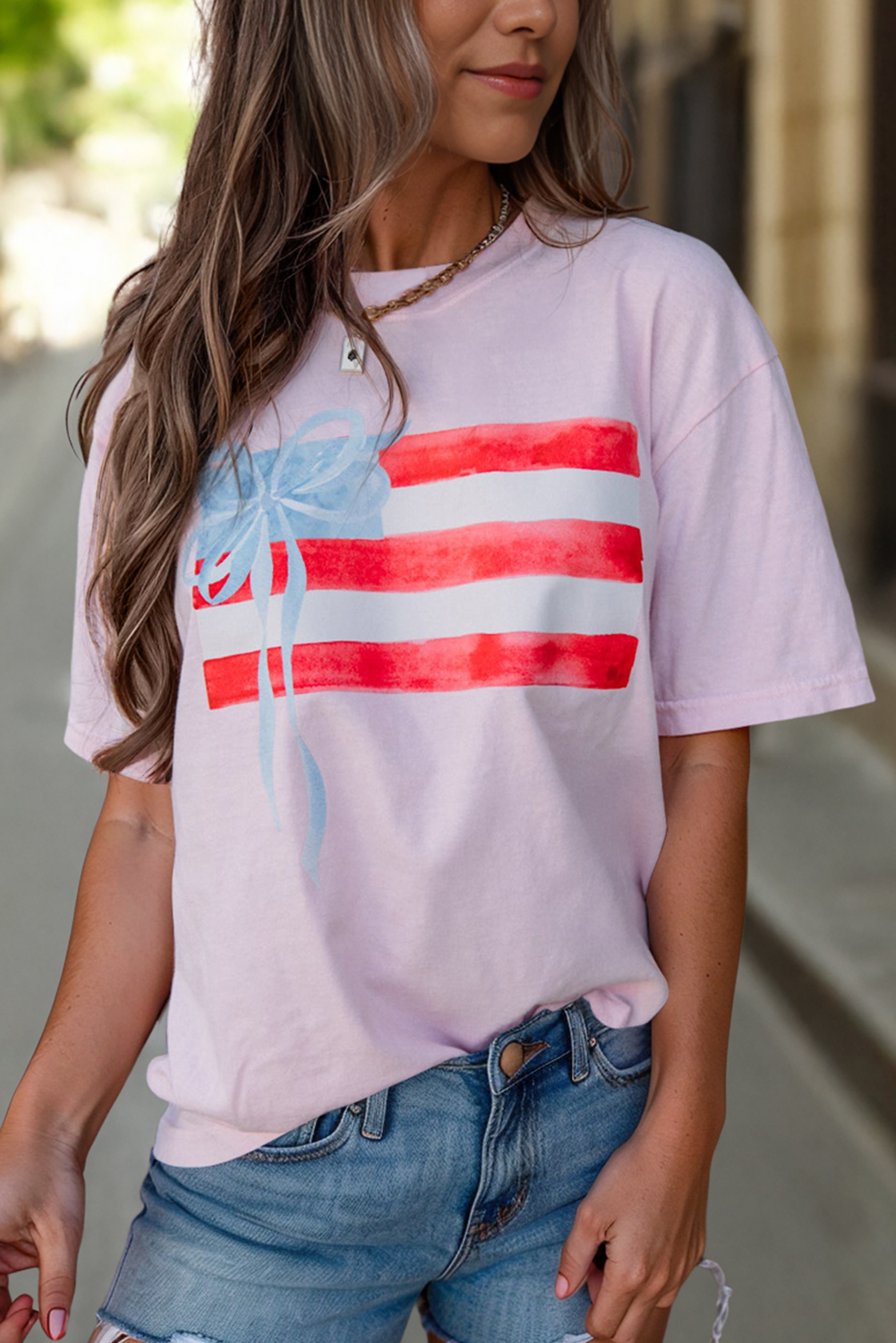 Myosotis Flag Bow Graphic Crewneck Tee - loveforevers