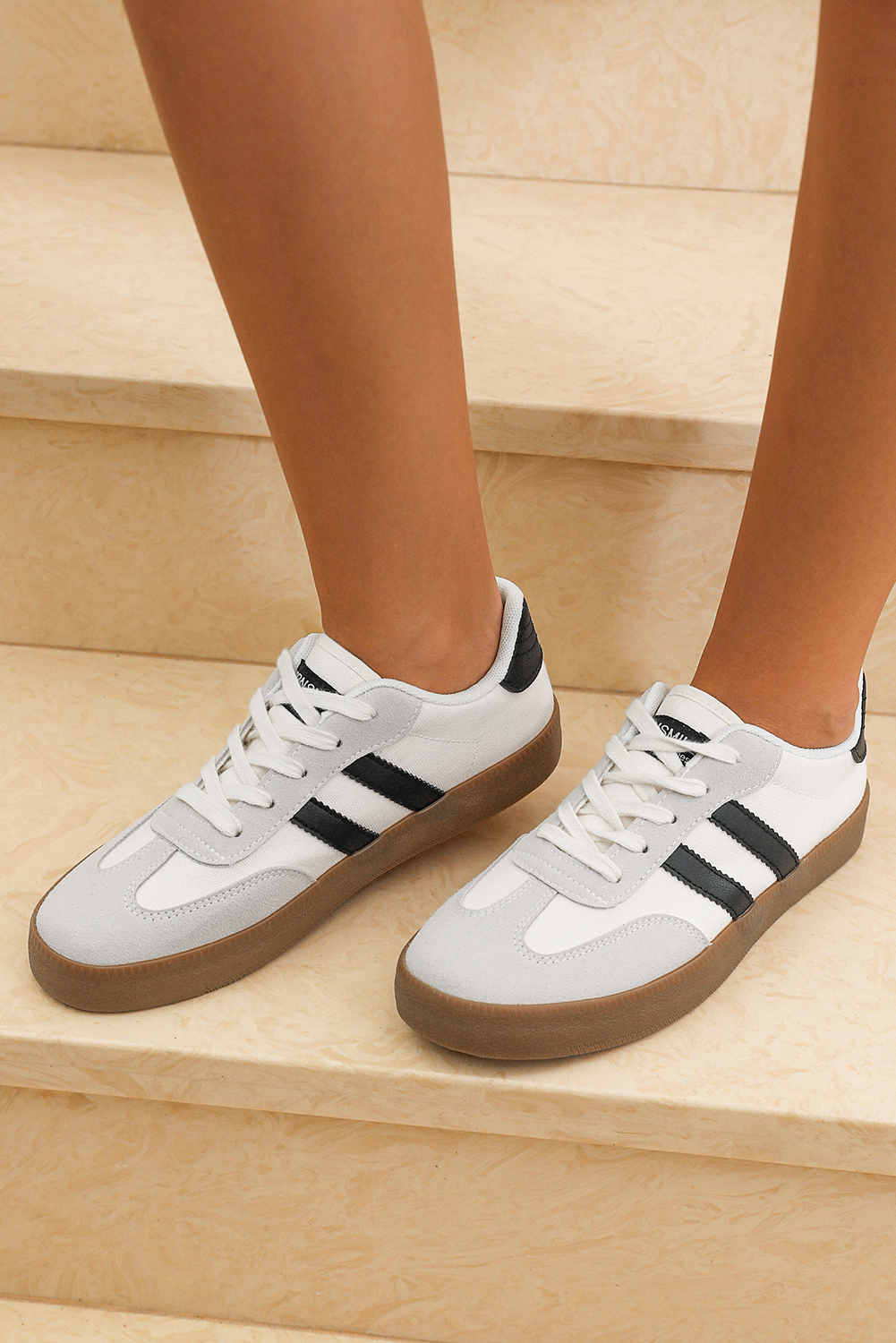 White Striped Lace-up Flat Sneakers - loveforevers