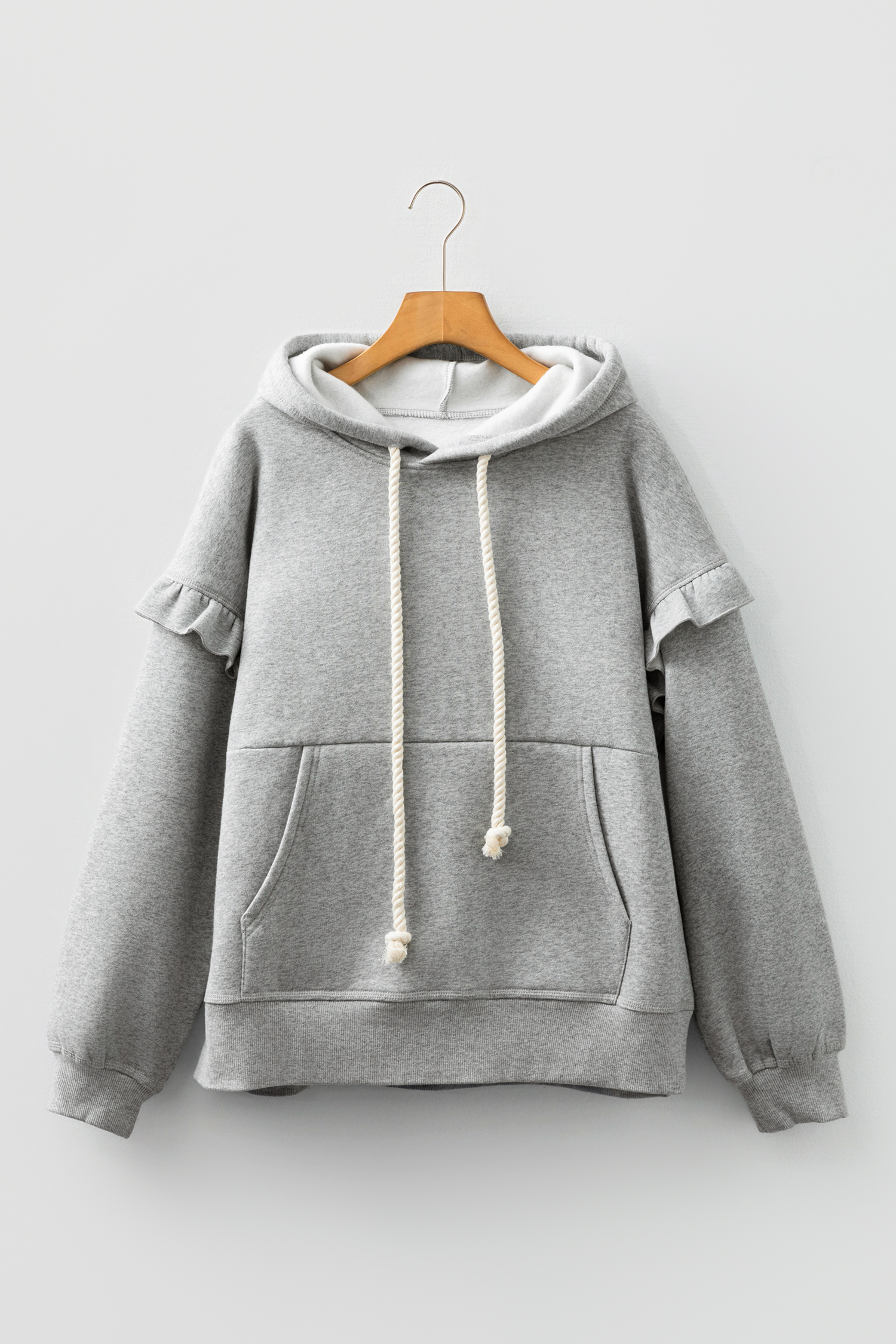 Gray Contrast Rope Drawstring Ruffle Trim Drop Shoulder Baggy Hoodie - loveforevers