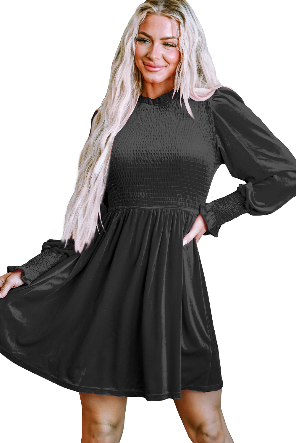 Black Frilled Neck Smocked Bodice Velvet Dress - loveforevers