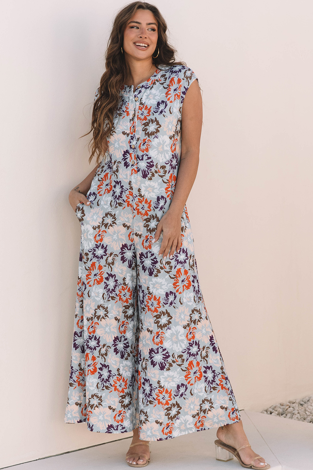 Sky Blue Floral Sleeveless Buttoned Pocketed Wide Leg Jumpsuit - loveforevers