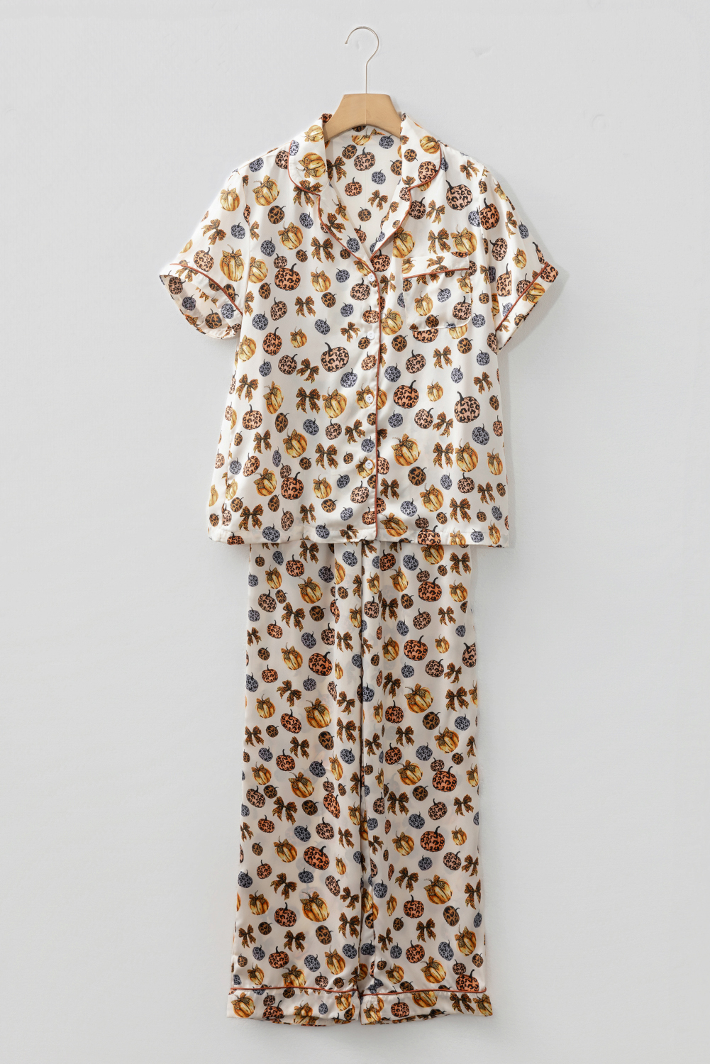 Beige Leopard Pumpkin Allover Halloween 2pcs Pajama Set - loveforevers