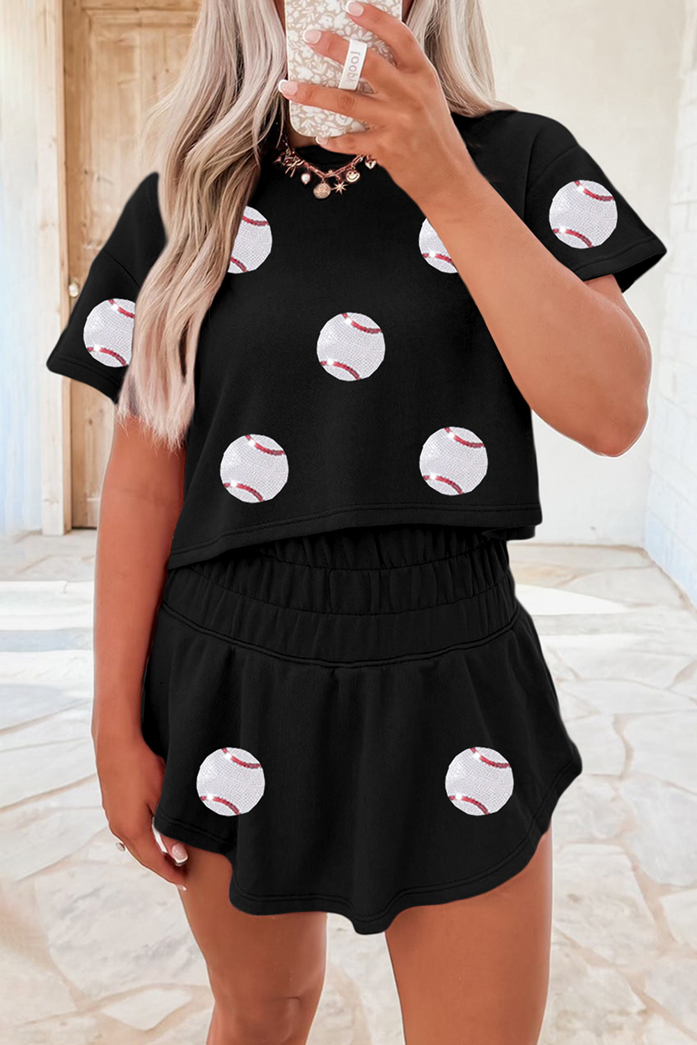 Black Baseball Print Skort Set - loveforevers