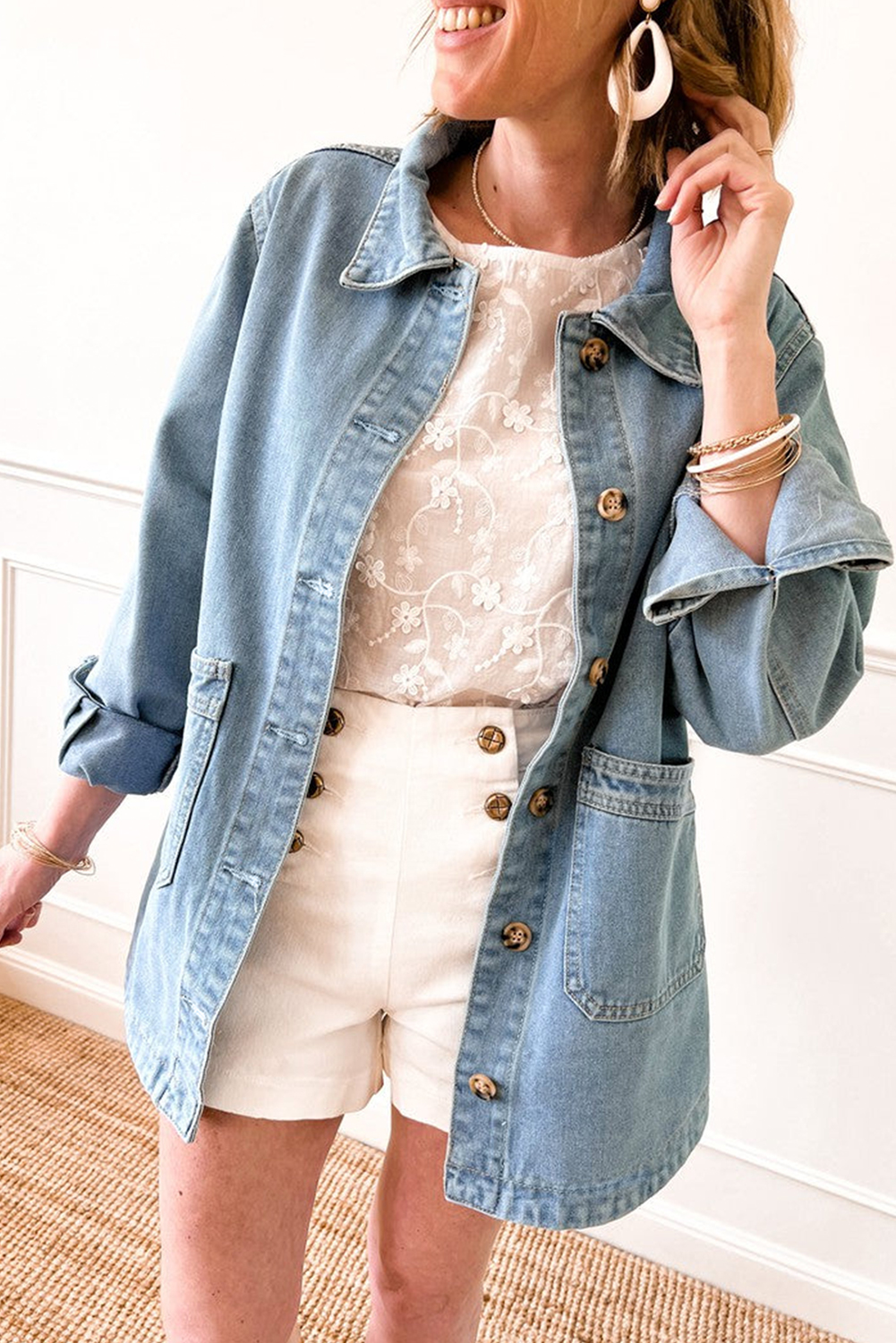 Dusk Blue Slit Buttons Pocketed Denim Jacket - loveforevers