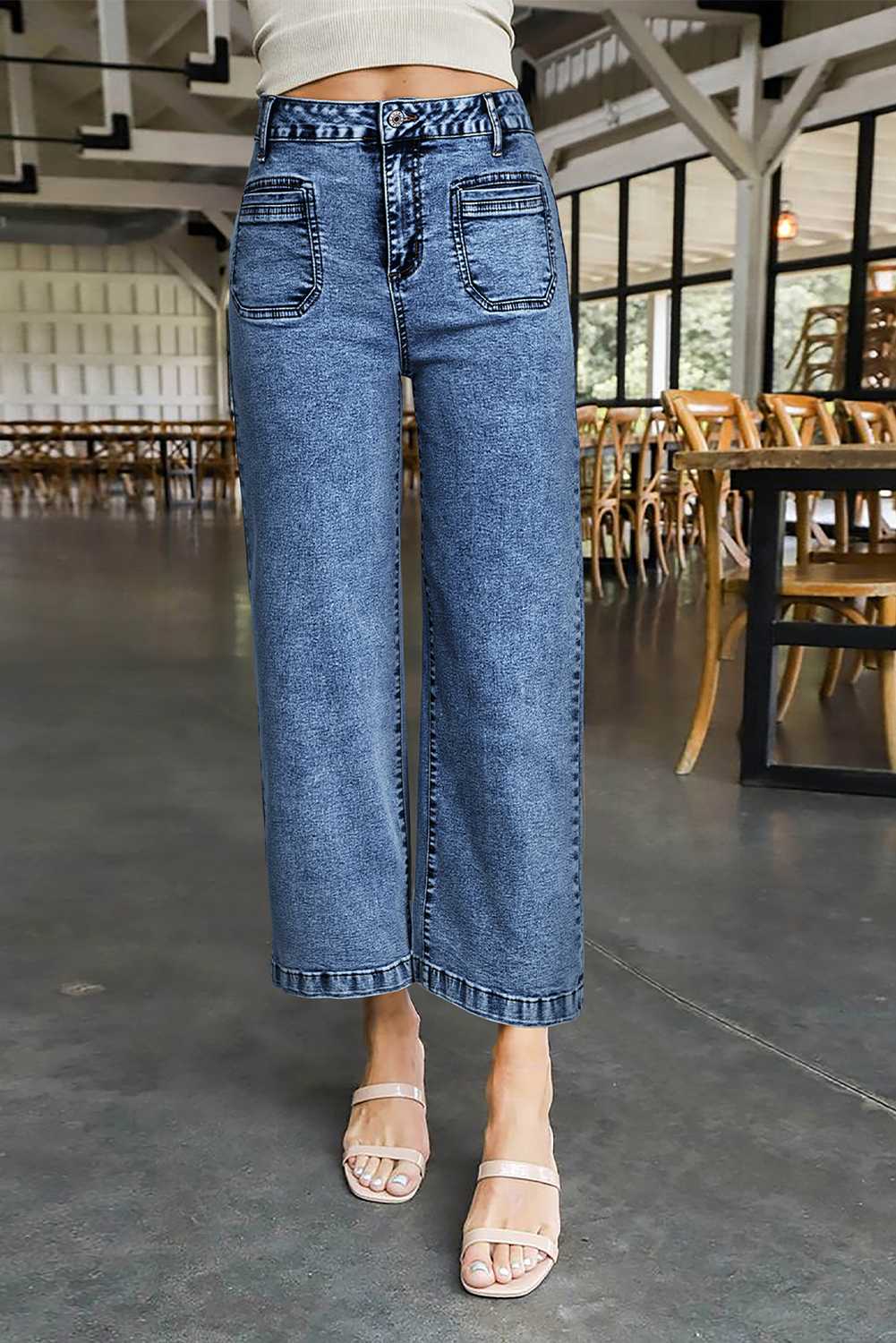 Light Blue Chic Patch Pocket Straight Leg Loose Jeans - loveforevers