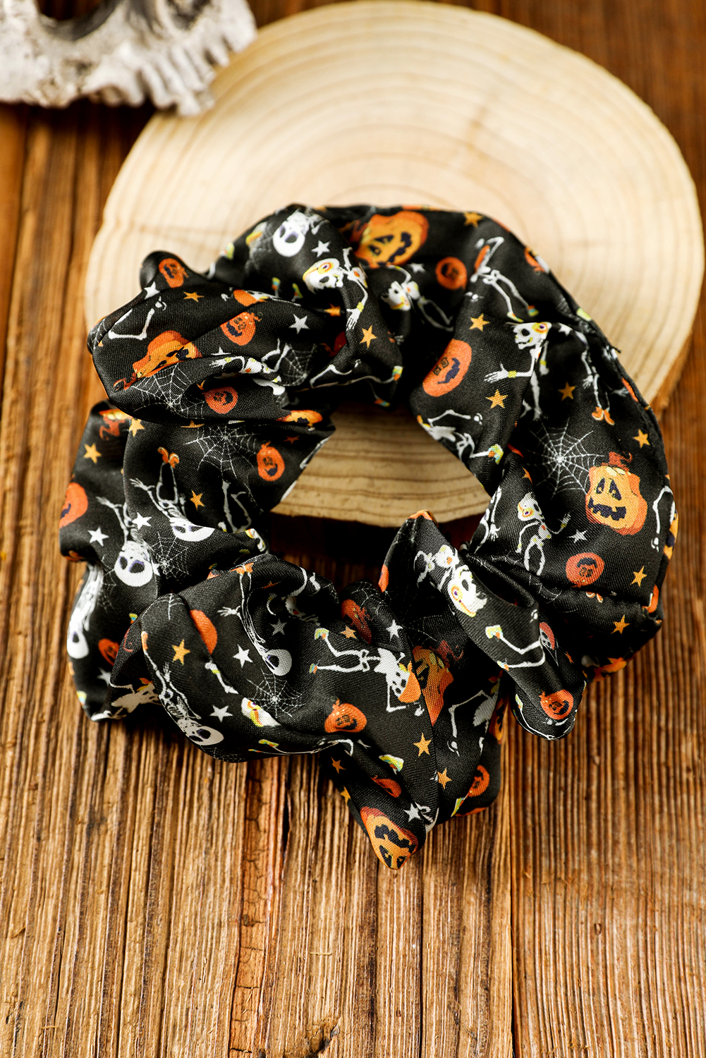 Black Halloween Pattern Print Hair Scrunchie - loveforevers