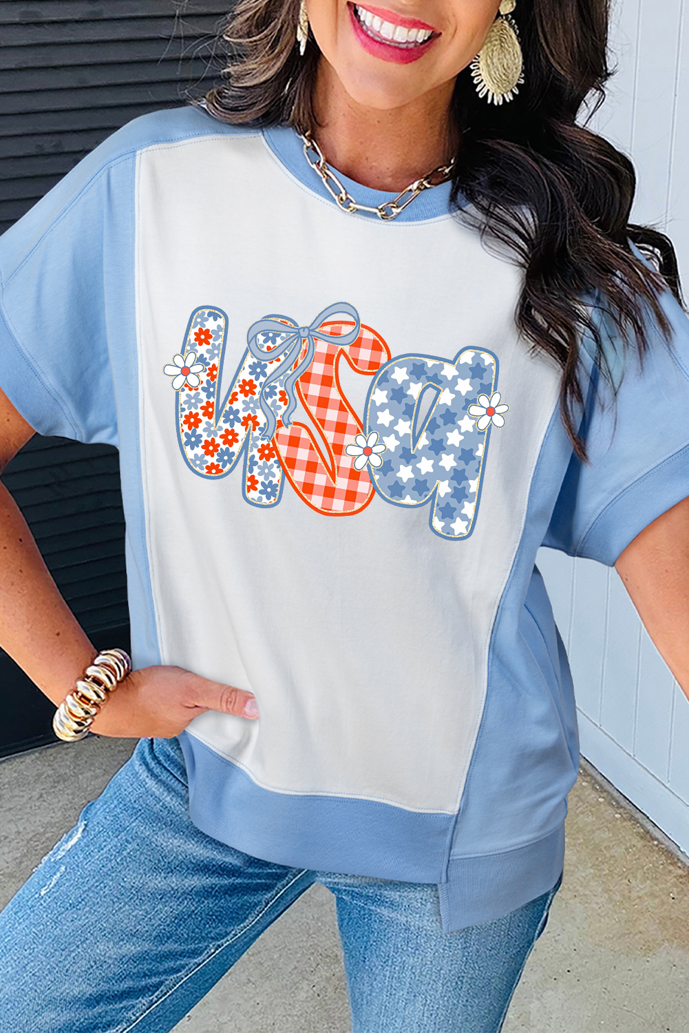 Sky Blue Star Plaid Flower USA Graphic Color Block Crewneck T Shirt - loveforevers