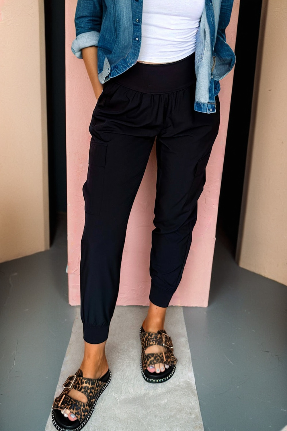 Black Elastic High Waist Pocketed Cargo Jogger Pants - loveforevers