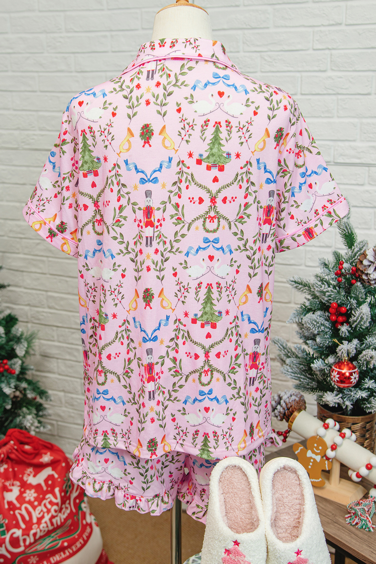 Pink Nutcracker Doll Christmas Print Ribbon Tie Waist Short 2pcs Pajama Set - loveforevers