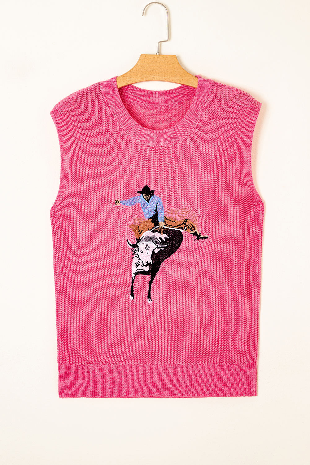 Black Western Cowboy Embroidery Round Neck Sleeveless Sweater - loveforevers
