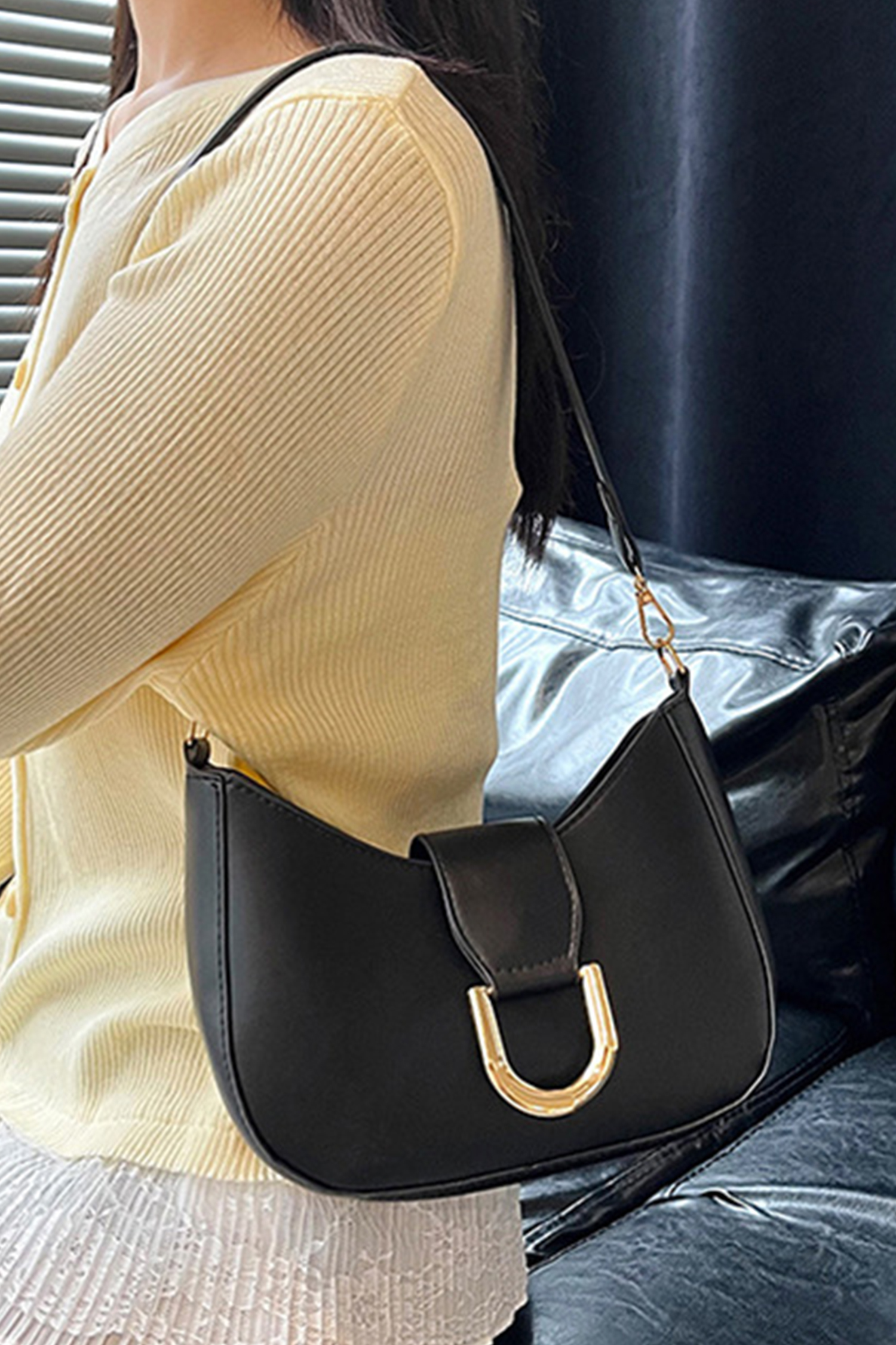 Black Gold Hardware PU Leather Single Shoulder Bag - loveforevers