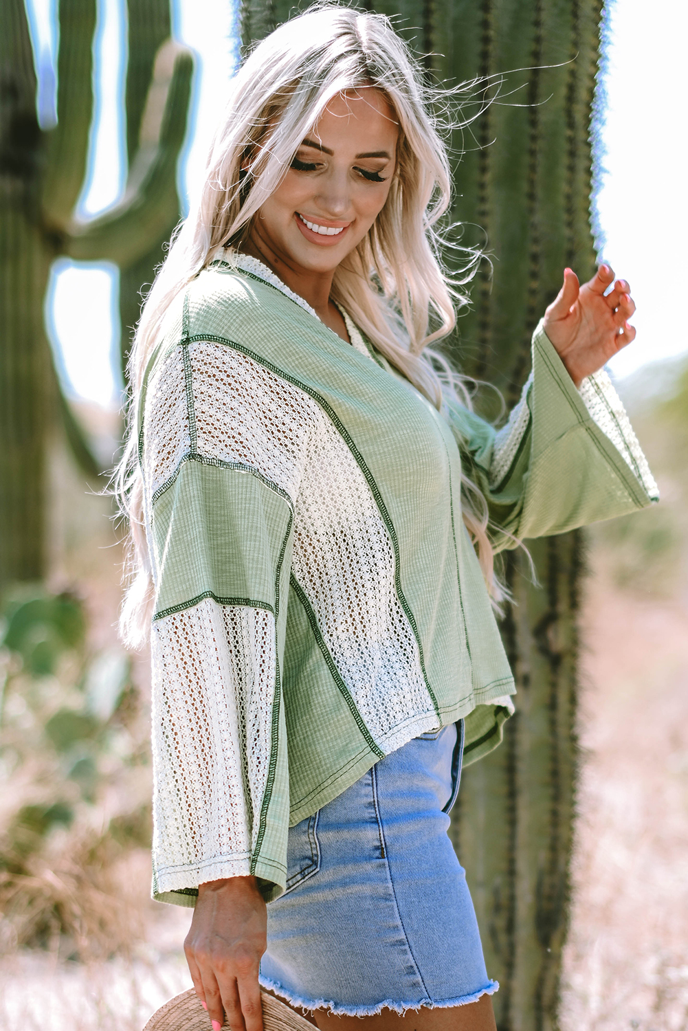 Grass Green Crochet Detail Exposed Seam High Low Loose Top - loveforevers