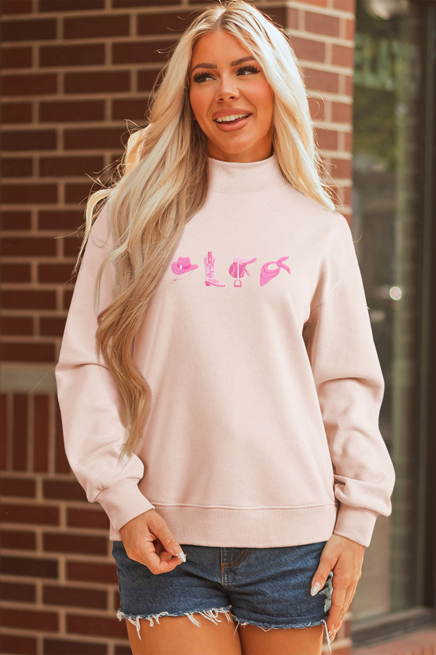 Apricot Pink Cowgirl Element Embroidered Detail Mock Neck Sweatshirt - loveforevers