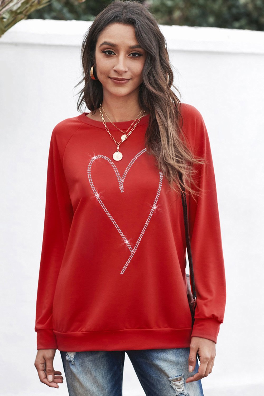 Fiery Red Rhinestone Heart Shaped Long Sleeve Sweatshirt - loveforevers
