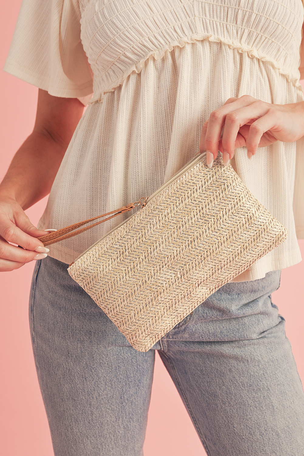 Oatmeal Straw Woven Wrist Strap Zipper Large Wallet - loveforevers