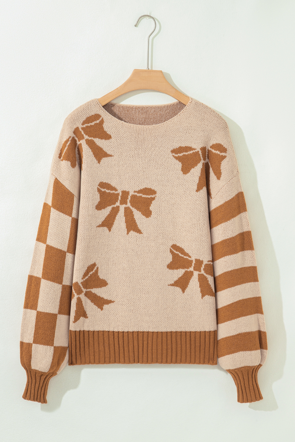 Straw Yellow Ribbon Bow Print Checkered Striped Sleeve Drop Shoulder Sweater - loveforevers