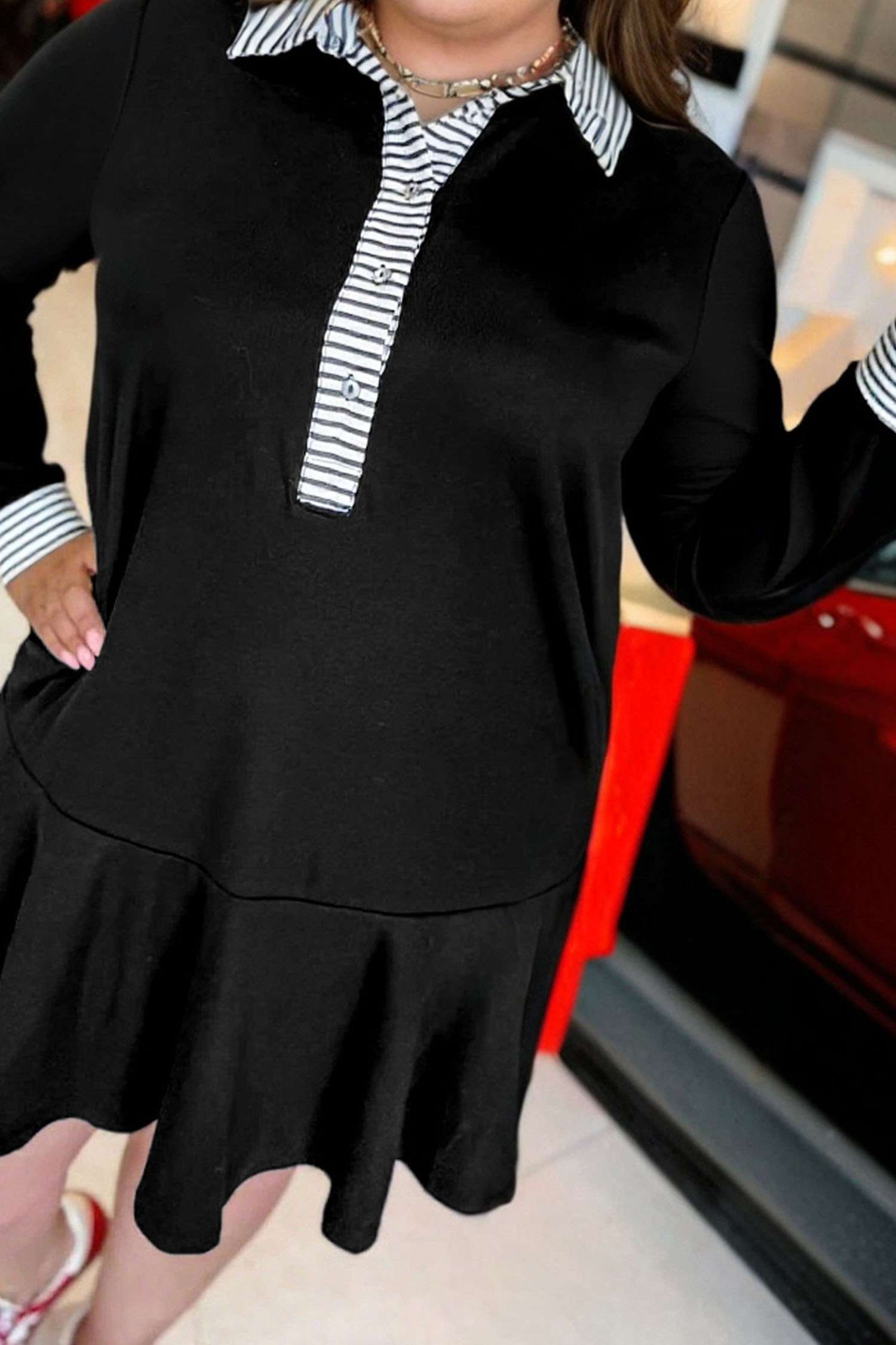 Black Plus Size Striped Cuffs Polo Collar Patchwork Long Sleeve Ruffle Hem Dress - loveforevers