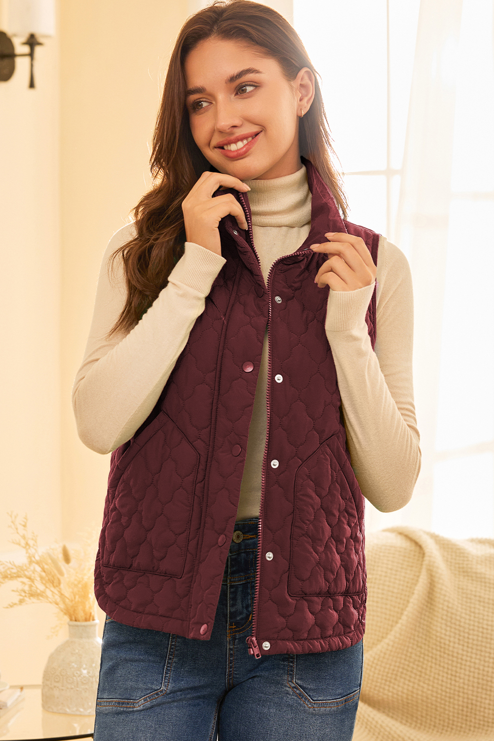 Wild Ginger Flower Shape Quilted Snap Button Zip Up Winter Vest - loveforevers