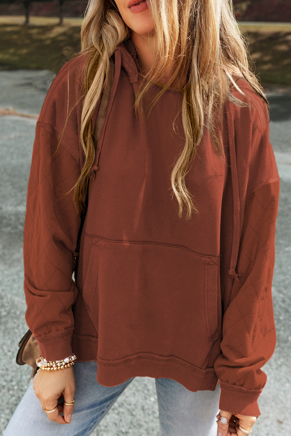 Chestnut Quilted Patchwork Exposed Seam Hoodie - loveforevers