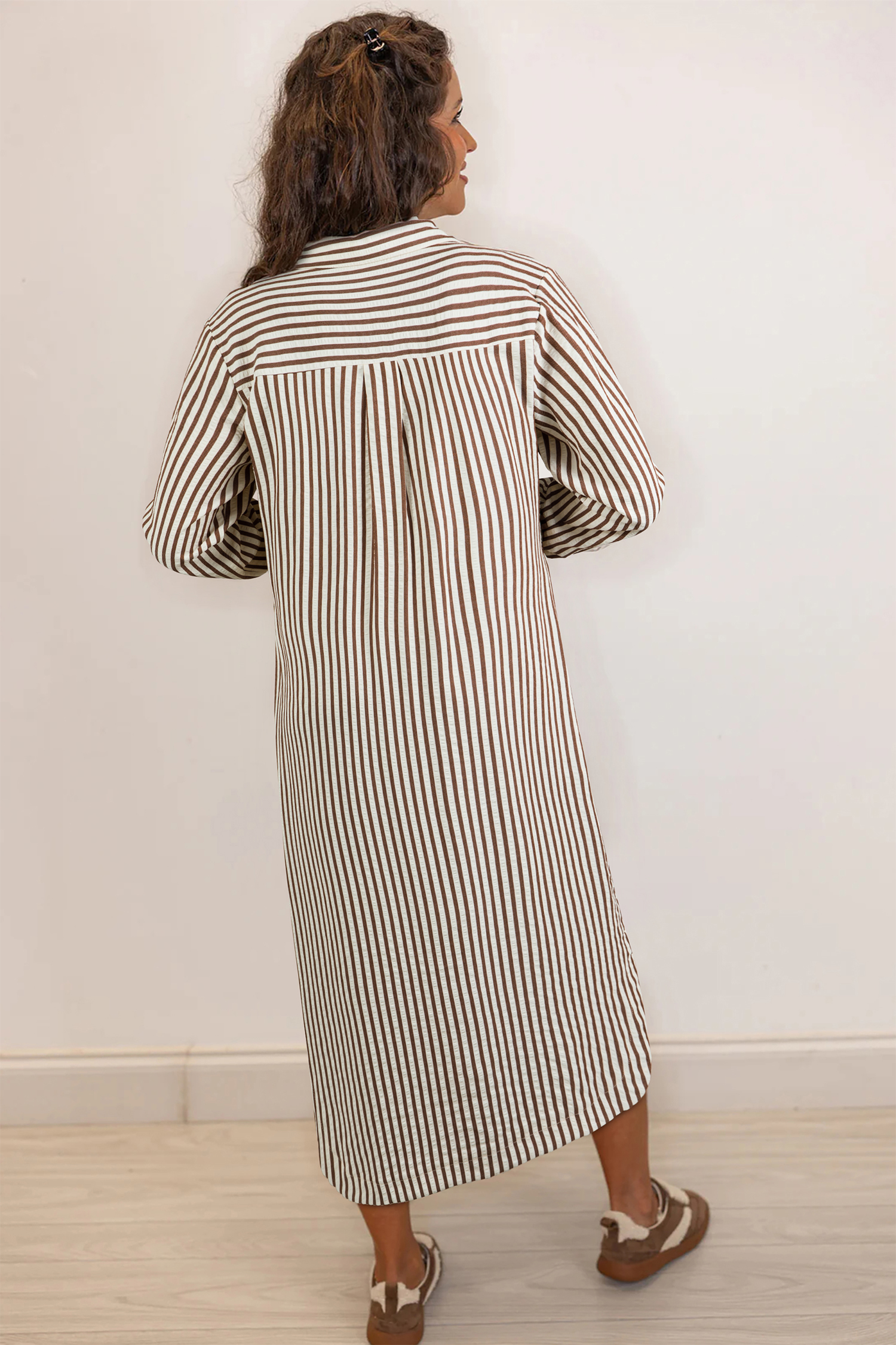 Brown Stripe Textured 3/4 Sleeve Round Hem Split Midi Shirt Dress - loveforevers