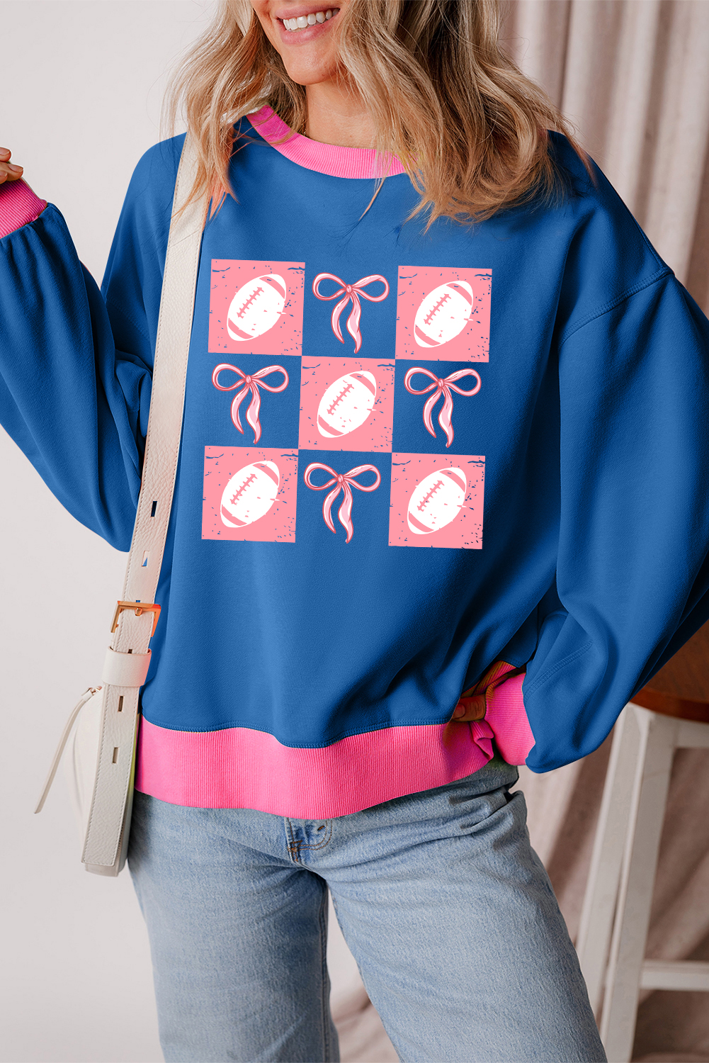 Blue Rugby Bowknot Graphic Game Day Contrast Trim Drop Shoulder Casual Sweatshirt - loveforevers
