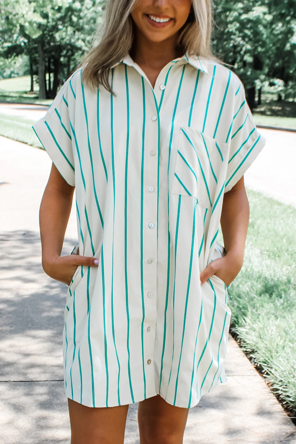 Mint Green St Patricks Striped Wide Short Sleeve Shift Mini Shirt Dress - loveforevers