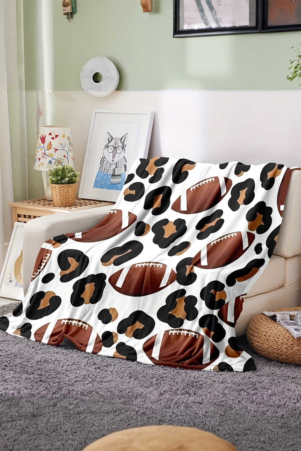 White Leopard & Rugby Football Print Flannel Blanket - loveforevers