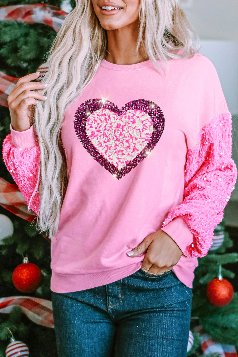 Pink Leopard Heart Graphic Sequin Patchwork Long Sleeve Valentines Top - loveforevers