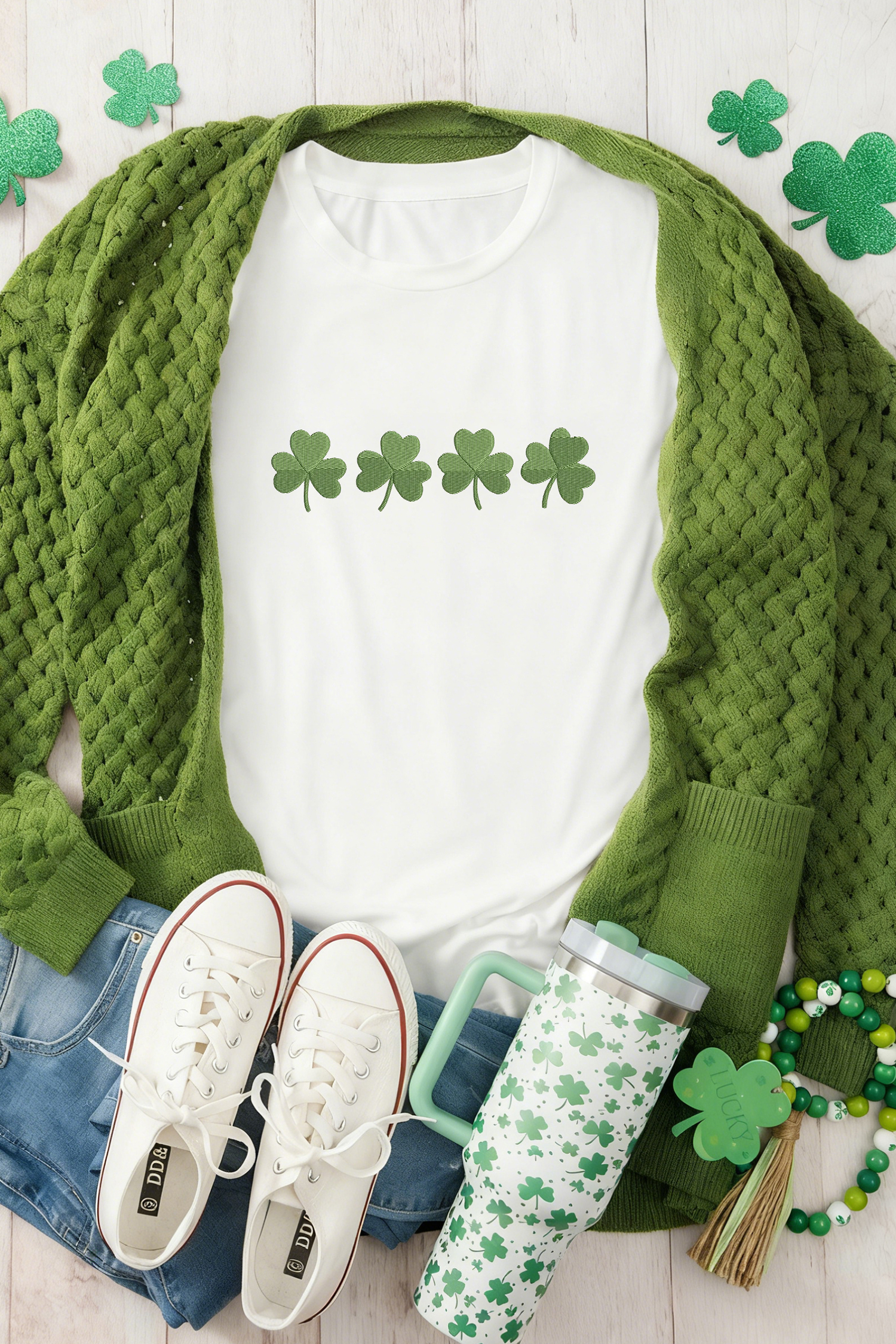 White Embroidered Clover St Patricks Fashion Graphic Tee - loveforevers