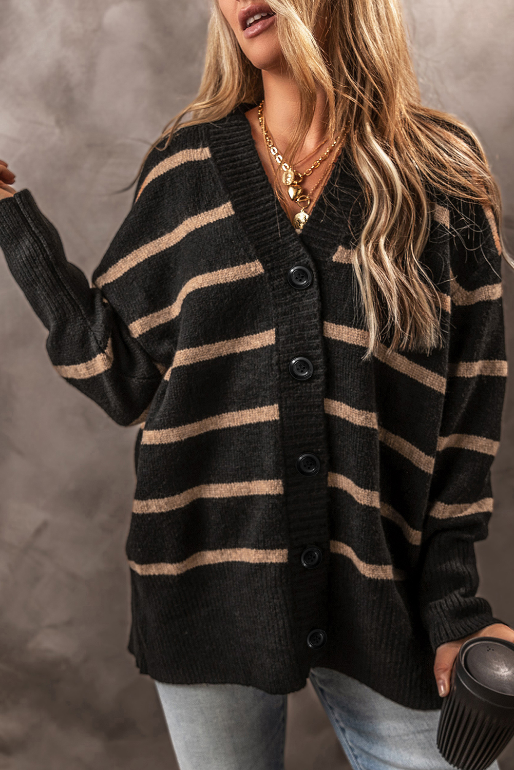 Black Stripe Buttoned V Neck Drop Shoulder Loose Cardigan - loveforevers