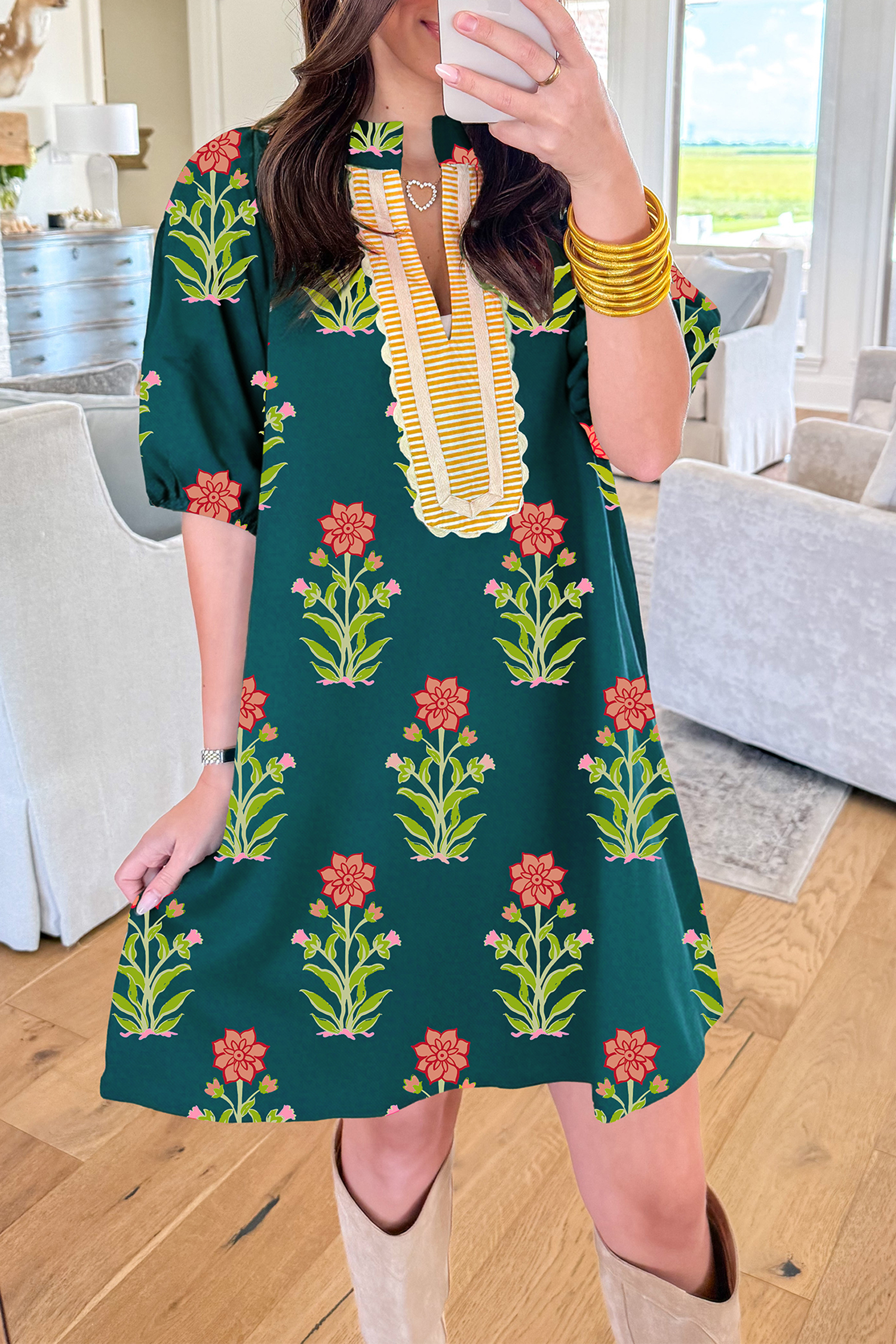 Green Floral Print Contrast Trim Striped Patchwork Short Sleeve Dress - loveforevers