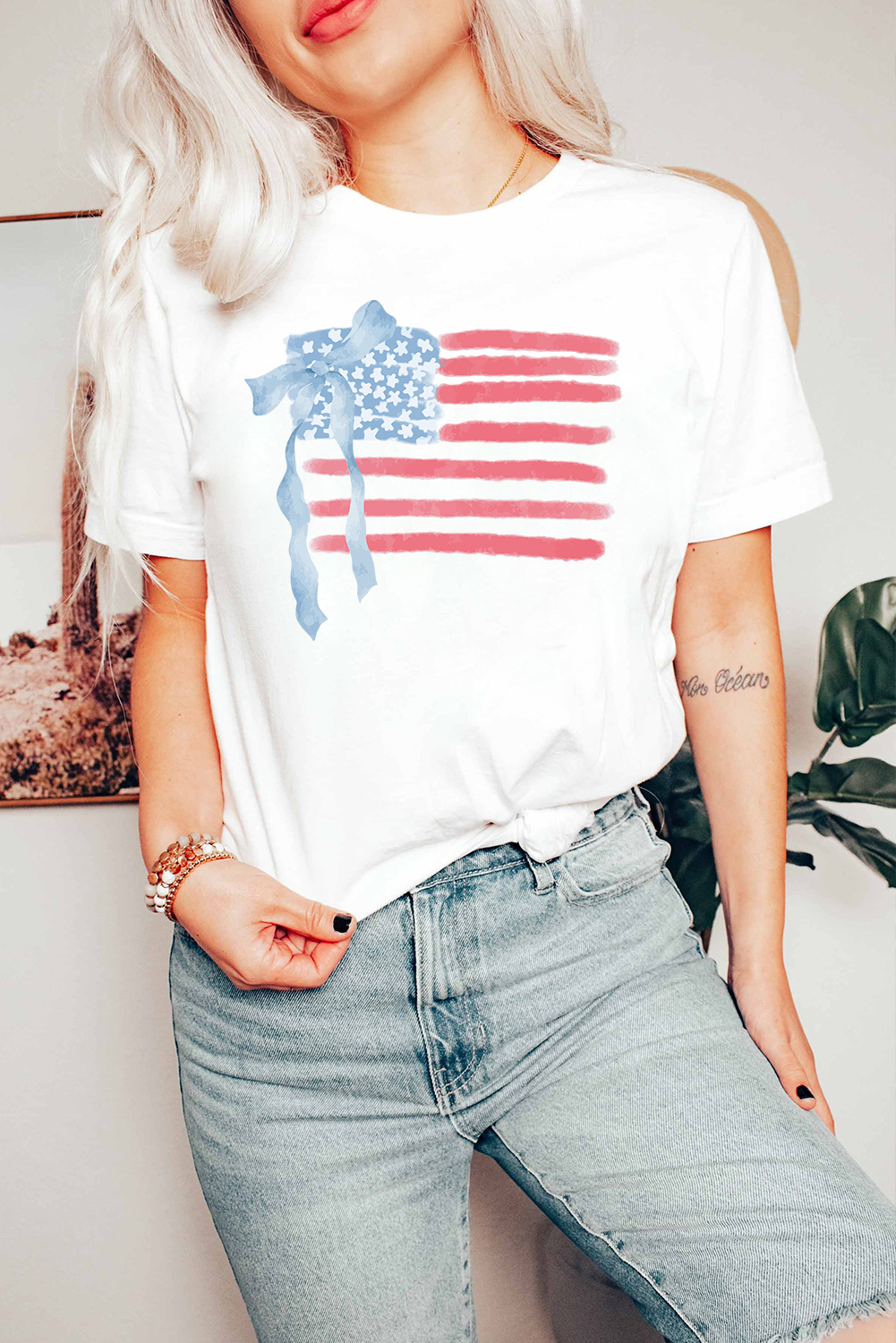 White American Flag Bow Knot Print Crew Neck T Shirt - loveforevers