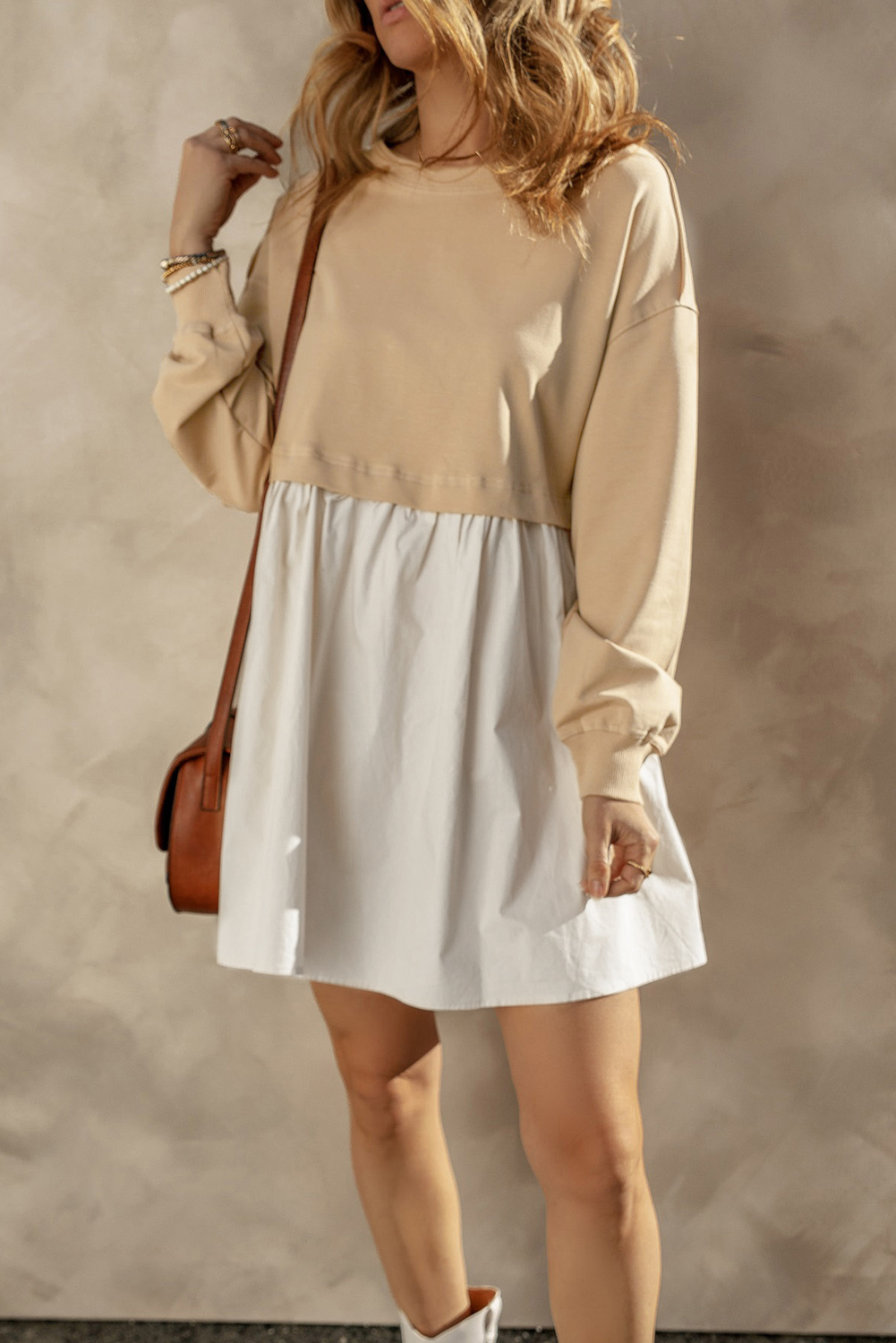 Pale Khaki Sweatshirt Poplin Mini Dress - loveforevers