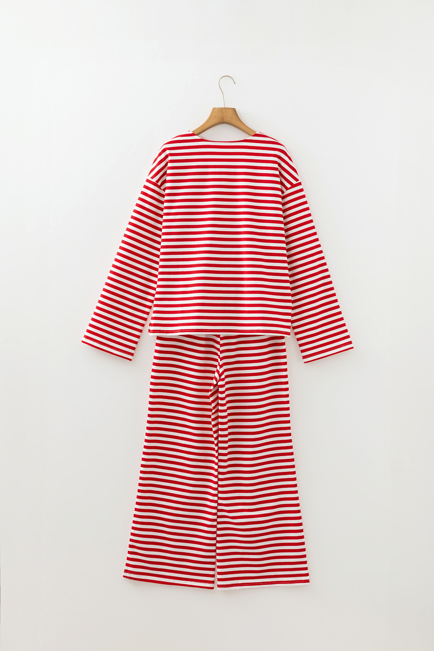 Red Stripe Drop Shoulder Long Sleeve Top Lounge Pants 2pcs Set - loveforevers