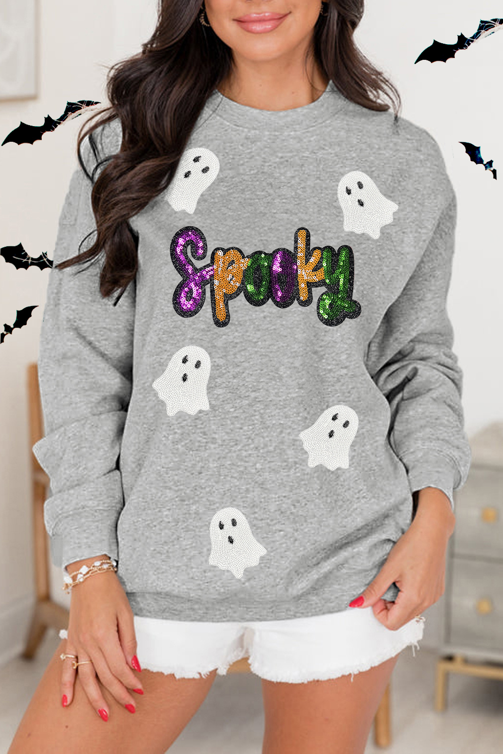 Gray Spooky Halloween Ghost Sequin Patched Sweatshirt - loveforevers
