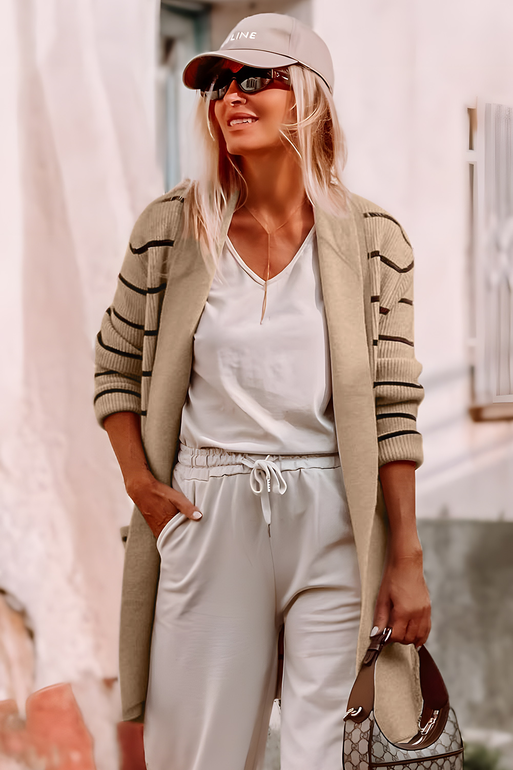 Black Stripe Shawl Neckline Open Cardigan with Pockets - loveforevers
