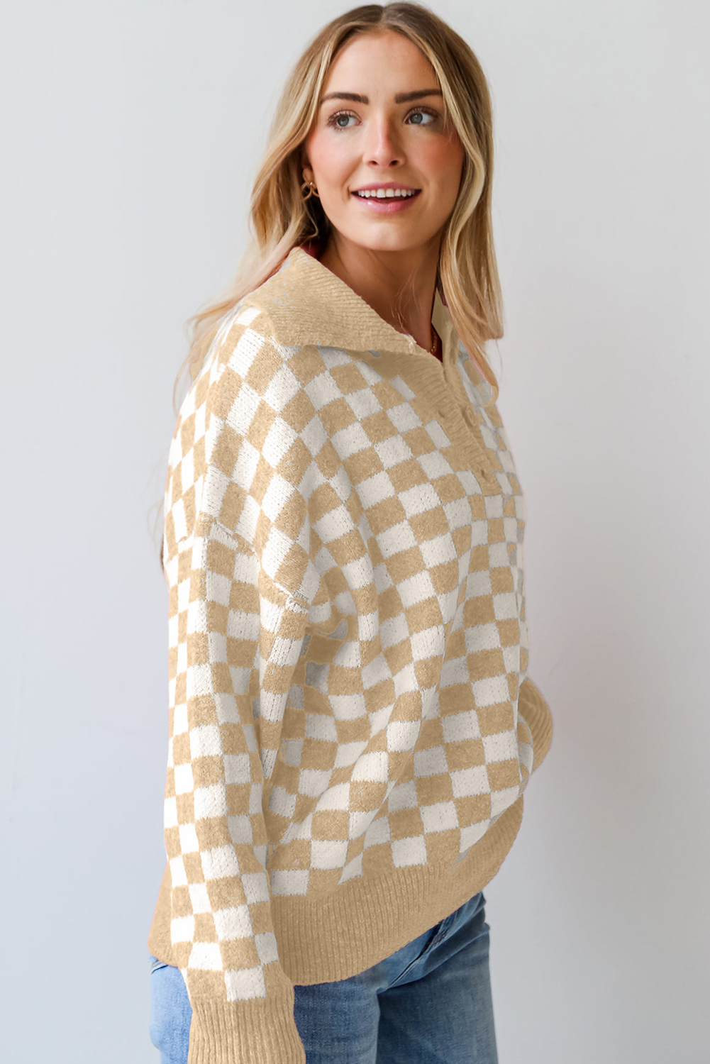 Pink Checkered Buttons Collar V Neck Drop Shoulder Sweater - loveforevers