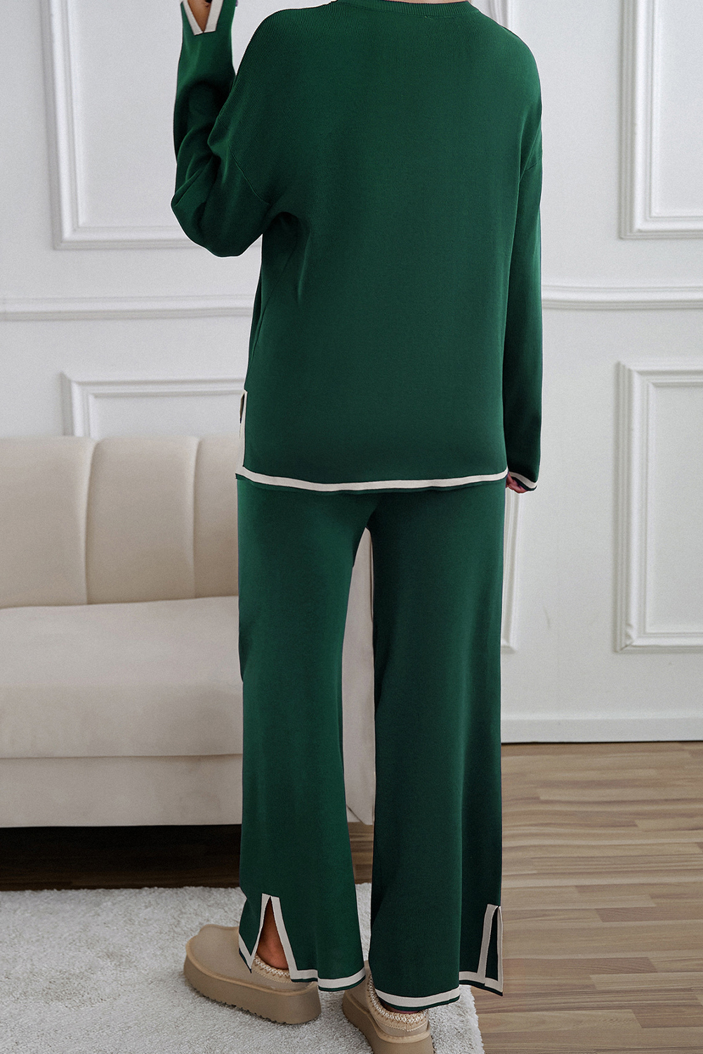 Black Contrast Trim Split Cuffs Long 2pcs Sweater Outfit Loungewear - loveforevers