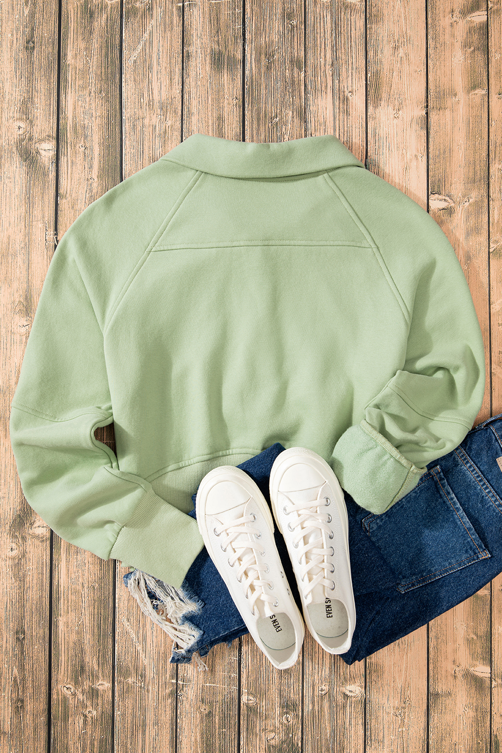 Smoke Green Fleece Lined Zip Up Stand Collar Thumbhole Sleeve Sweatshirt - loveforevers