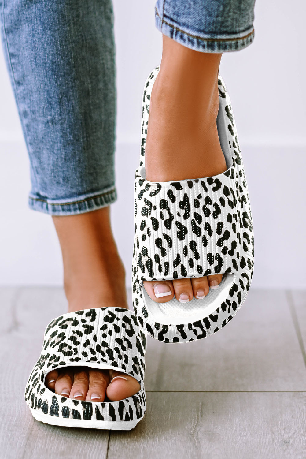 White Leopard Print Thick Sole Slip On Slippers - loveforevers