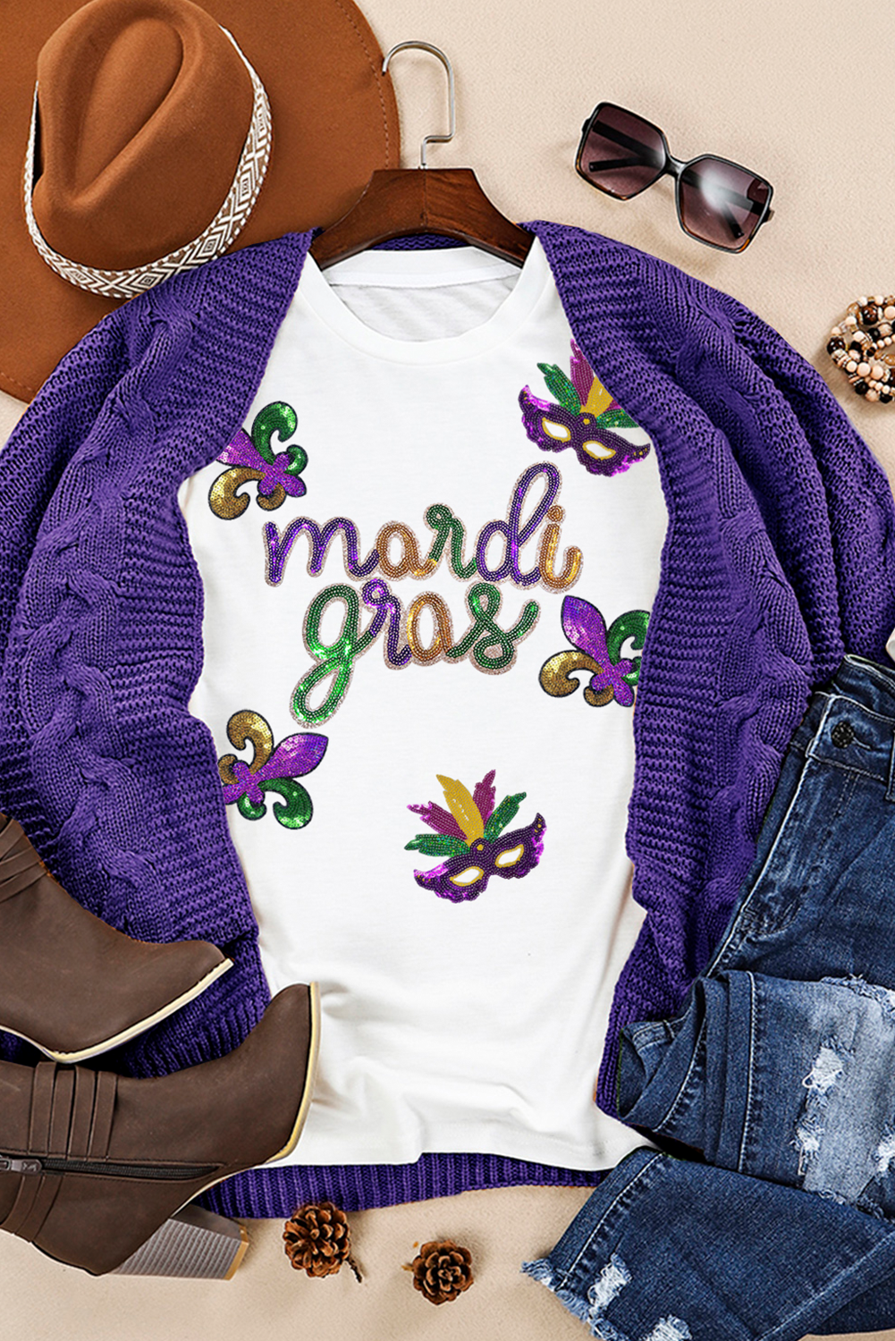 White Sequin Mardi Gras Pattern Graphic Crew Neck Tee - loveforevers