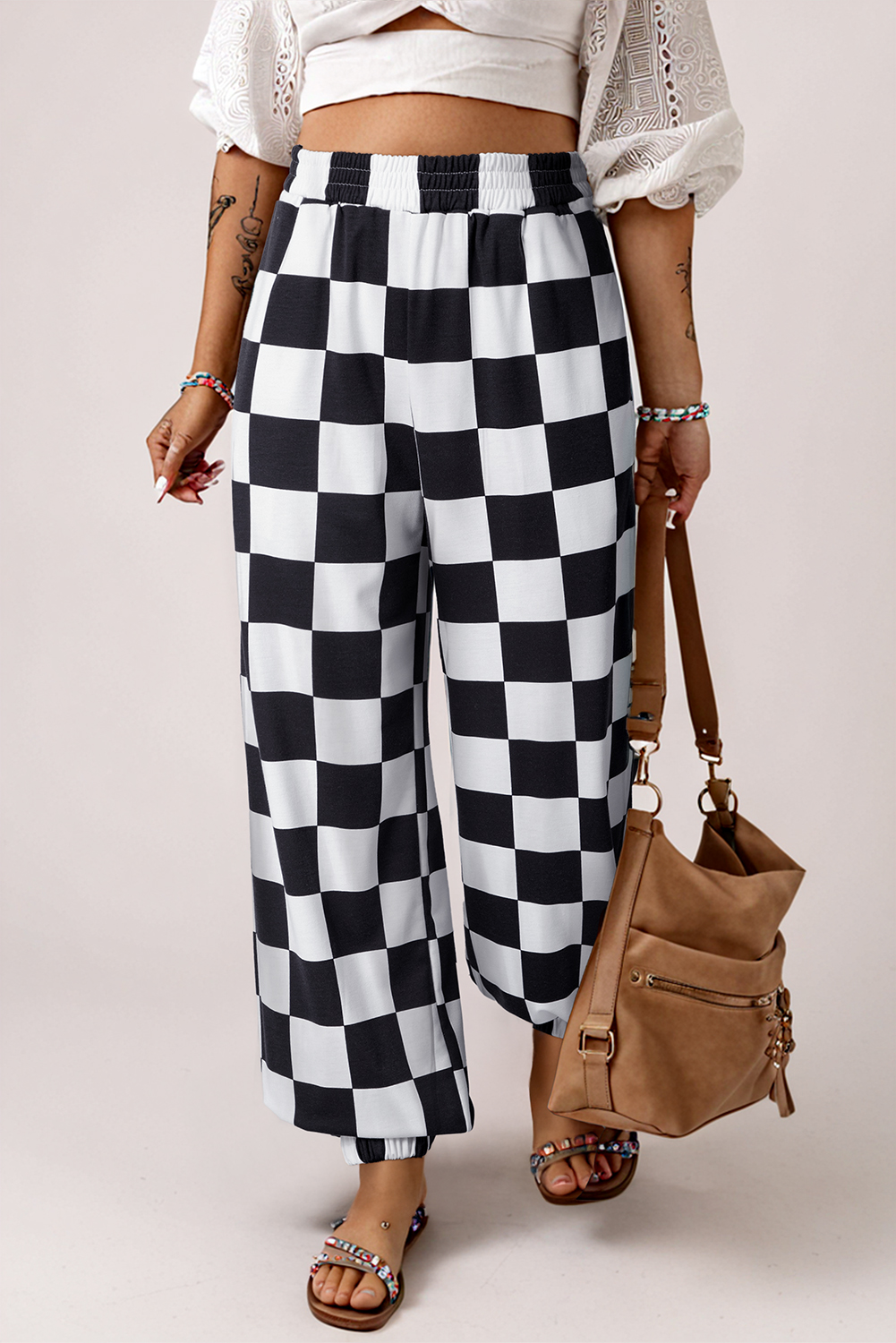 Black 2-Tone Checked Print High Waist Wide Leg Pants - loveforevers