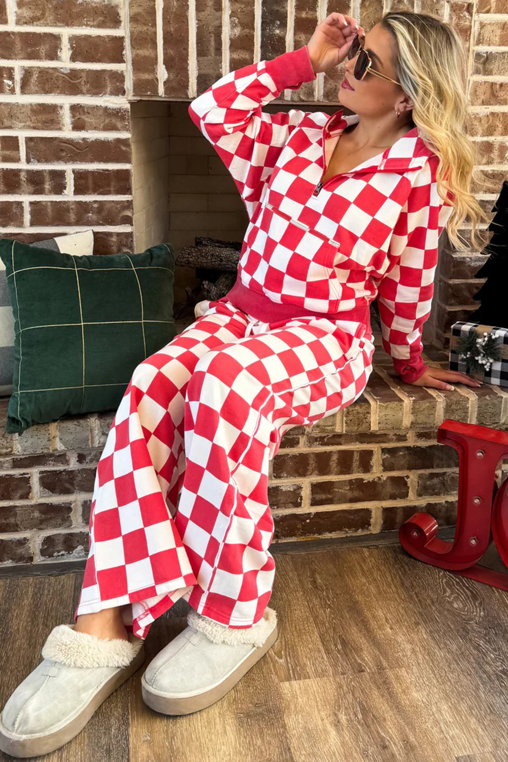 Red Checkered Print Half Zip Hoodie Loose Pant Set - loveforevers