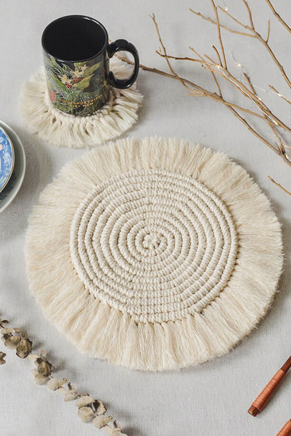 Beige Boho Tassel Macrame Coaster 15cm - loveforevers