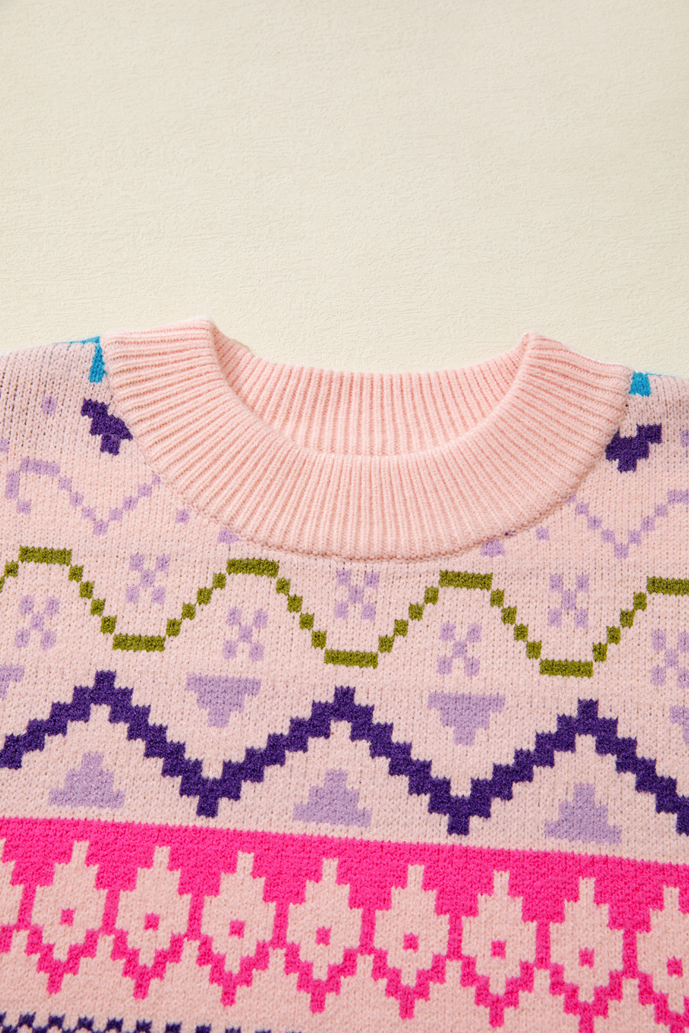 Multicolour Ethnic Christmas Pattern Knit Feather Cuffed Sweater - loveforevers